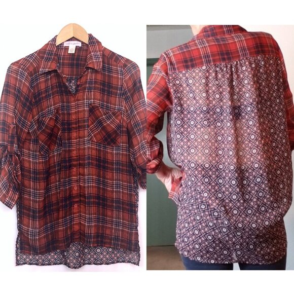URBAN OUTFITTERS BAND OF GYPSIES Red Navy Plaid Geo Boho Sheer Button Down Shirt - Picture 1 of 8
